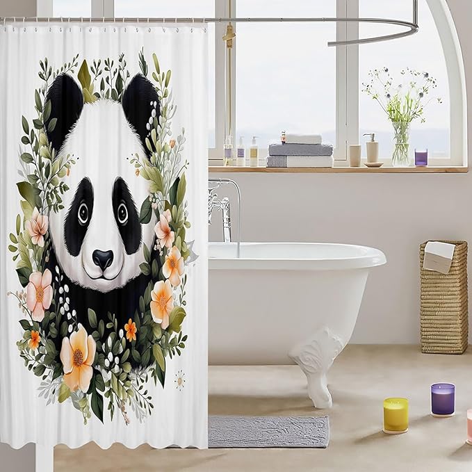 Feelyou Panda Shower Curtain Boys Girls Cute Cartoon Panda Fabric Shower Curtain for Kids Flower Botanical Bathroom Waterproof Accessories with 12 Hooks Animal Curtains,72x84 Inches