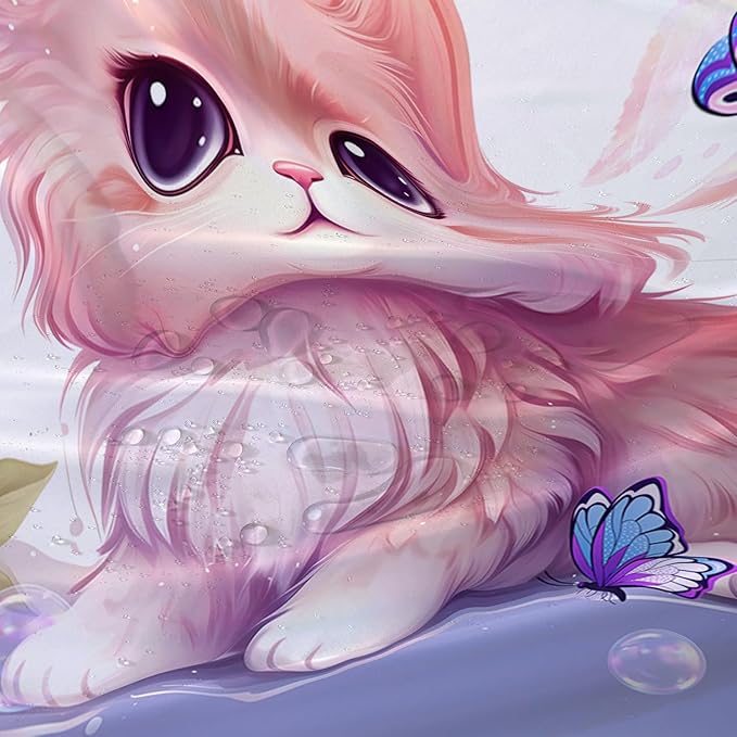 AILONEN Cute Cat Shower Curtain for Kids Boys,Kawaii Kitten and Butterfly Fabric Shower Curtains for Bathroom,Big Eye Pink Cat Polyester Cloth Bath Curtain Set, 72" W*84" H Pink