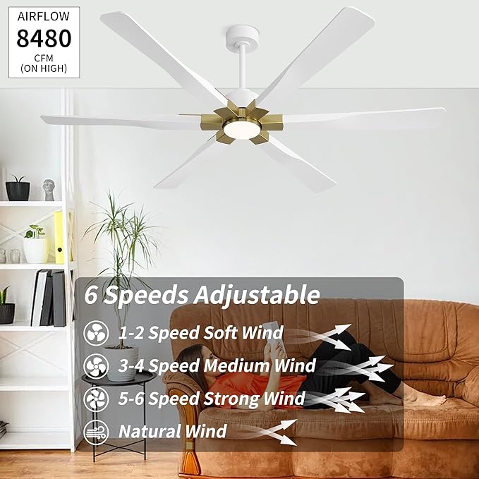 78 Inch Ceiling Fan with Lights and Remote Control, 6 Reversible ABS Blades, 6-Speed Noiseless DC Motor with 4.5" / 12" / 24" Downrods for Bedroom Dining Living Room, Gold and White
