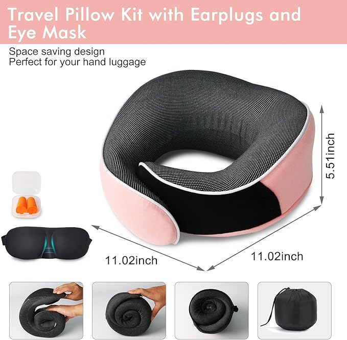 Travel Pillow,Upgraded 100% Memory Foam Neck Pillow for Traveling,Ergonomic Design Soft Best Flight Pillow,Neck Pillow Airplane Kit with 3D Contoured Eye Masks,Earplugs and Luxury Bag (Pink)