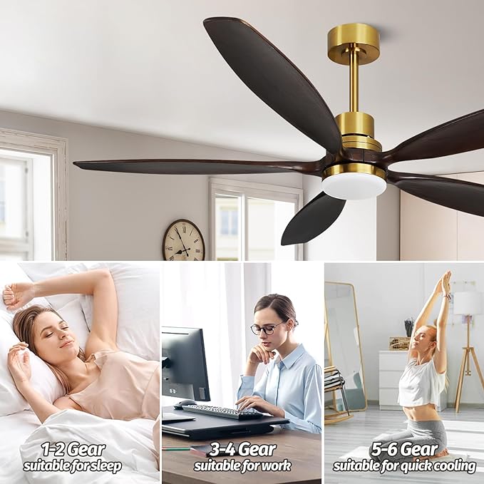 60" Ceiling Fan with Light and Remote,Reversible DC Motor,6Speed,Modern Natural Wood Ceiling Fan with Dimmable LED for Outdoor Patios Bedroom Living Room,Grey Walnut and Brass