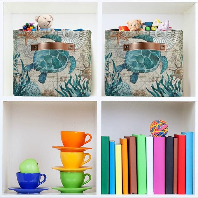 Sea Turtle Storage Basket Fabric Storage Bin Nautical theme Baskets Coastal Starfish Foldable Storage Boxes Organizer Bag for Baby Cloth Dog Toy Book Storage Cubes Shelf Closet Basket 16×12×8 Inches