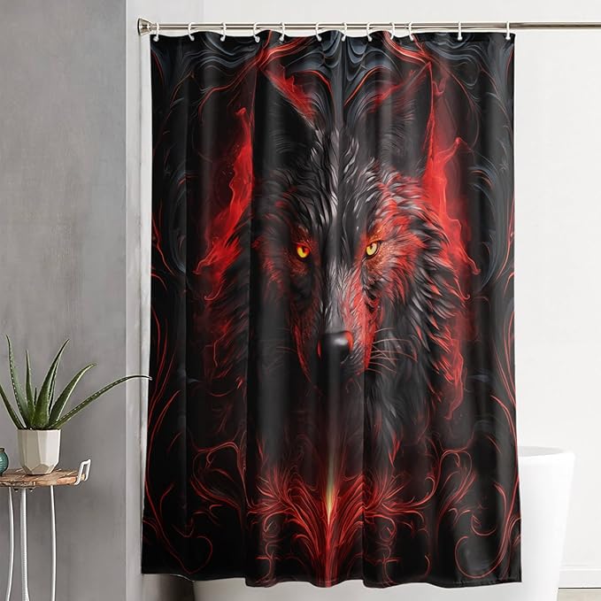 AILONEN 3D Black Wolf Shower Curtain Set,Fire Wolf Head Bathroom Curtain for Kids Girls Boys,Boho Style Shower Curtain,Wild Animal Shower Curtains for Bathroom Decor, 72" W*78" H