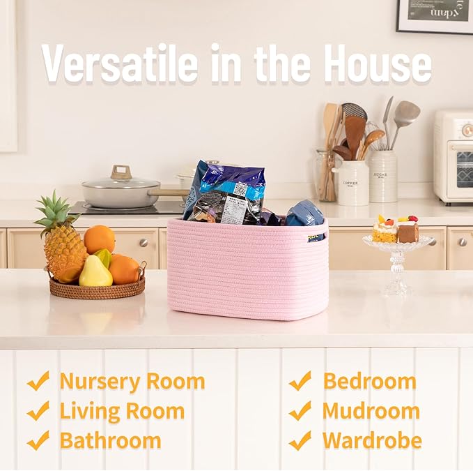 4 Pack Storage Baskets for Organizing Toys, Towels, and Clothes, Woven Basket for Shelves, Sturdy Nursery Cube Bins for Storage, 13''L x9''W x7.8''H, Pink