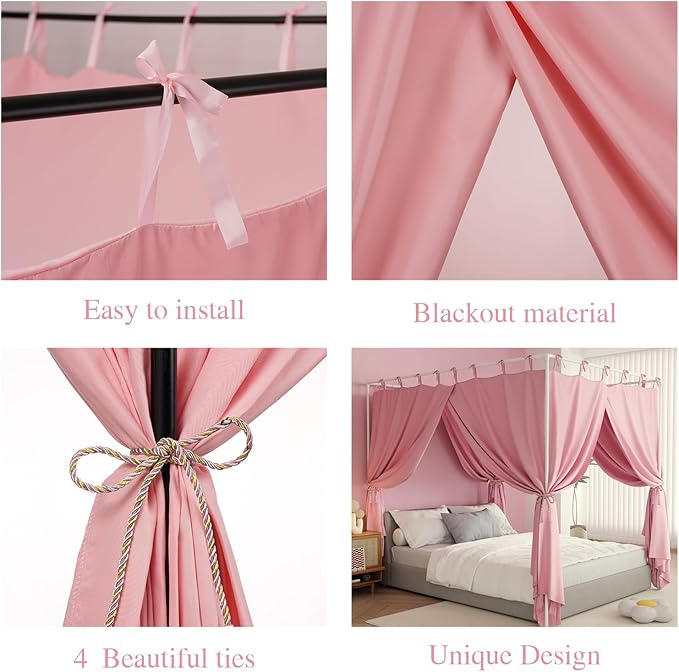 Pink Canopy Bed Curtains - 4 Corner Post Bed Curtains King Size Lightproof Drapes Bed Canopy with Top Ties and Tie Backs for Adults & Girls Bedroom Decoration(Pink,King)