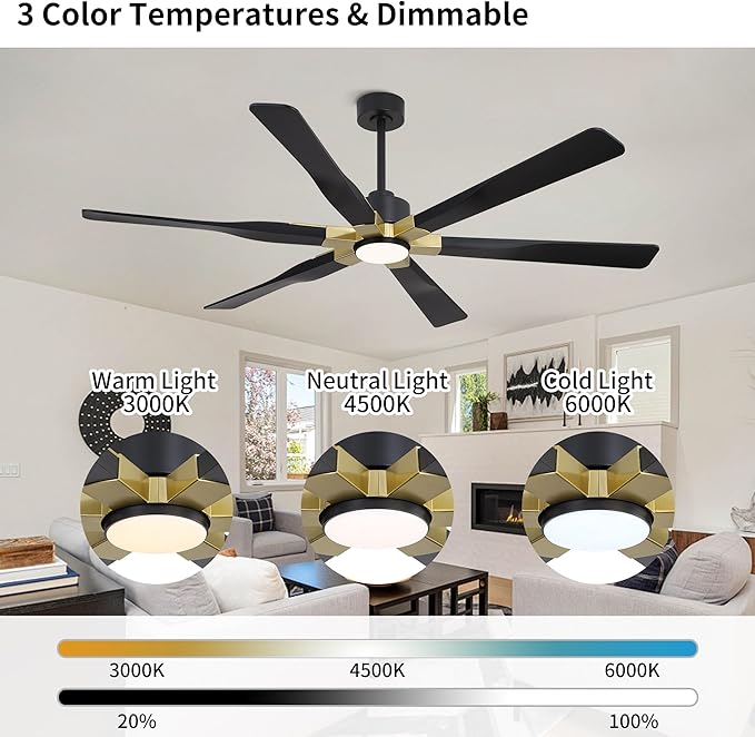 68 Inch Ceiling Fan with Lights and Remote Control, 6 Reversible ABS Blades, 6-Speed Noiseless DC Motor with 4.5" / 12" / 24" Downrods for Bedroom Dining Living Room, Gold and Black