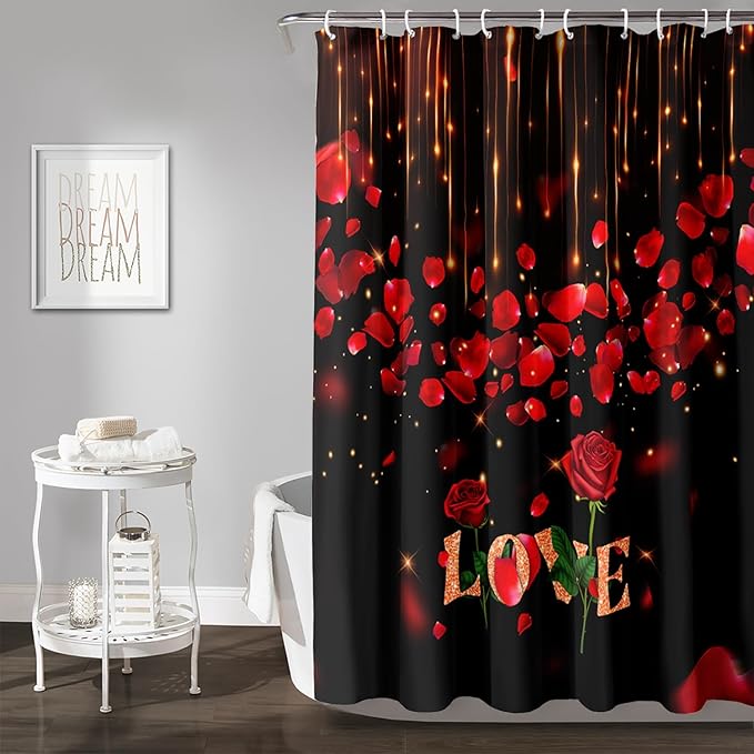 AILONEN Red Rose Flower Shower Curtain,Red and Black Shower Curtain,Romantic Flower Couple Lover Bath Curtain,Rose Themed Bathroom Decor,Waterproof 72" W x 96" H