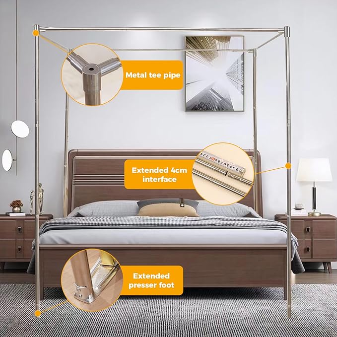 Stainless Steel Canopy Bed Frame Metal Frame with 4 Corners Design Sturdy Bed Canopy Frame for Wood Bed, Queen Size