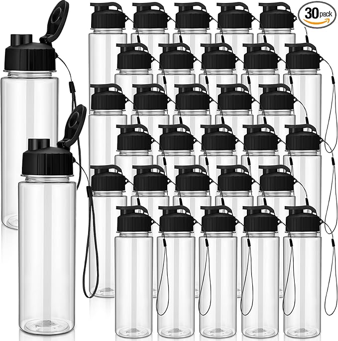 30 Pieces 17 oz Water Bottle Bulk Plastic Water Bottles Bulk with Handle Strap Lightweight Leakproof Drink Flip Top Bottles for Adults Fitness Gym (Black)