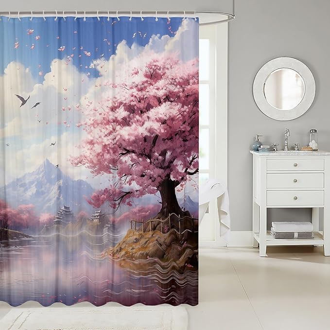 Feelyou Cherry Blossom Fabric Shower Curtain Floral Bathroom Waterproof Accessories with 12 Hooks for Kids Teens Adults Nutrue Theme Shower Curtain Tree of Life Curtains,72x78 Inches