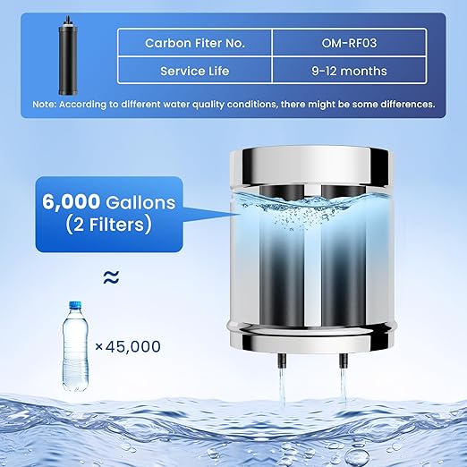 2.25G Gravity Water Filter System, NSF/ANSI 42&372 Standard, 304 Stainless Steel Countertop System with 2 Carbon Filters, Reduce 99% Chlorine and Lead