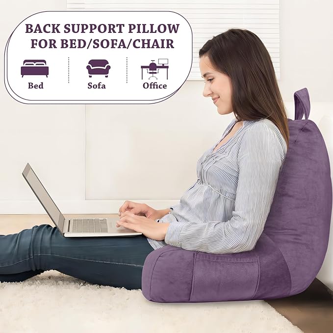LOVTEX Reading Pillow with Removable Cover, Back Pillow for Sitting Up in Bed with Arms and Pockets, Bed Rest Pillow Adult, 20 x 15 Inches(Lavender)