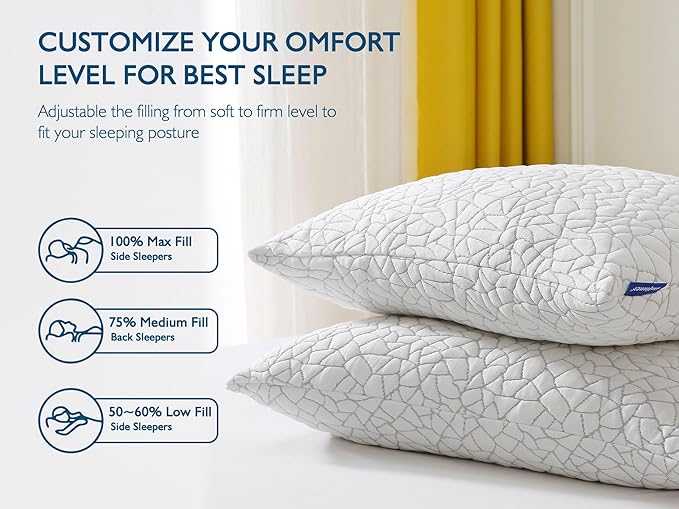 Dafinner Adjustable Shredded Memory Foam Pillow King Size - 100% Removable Cover from Bamboo Derived Rayon, Cooling Medium Bed Pillow for Side Stomach & Back Sleepers - Pack of 1, 20"x36"