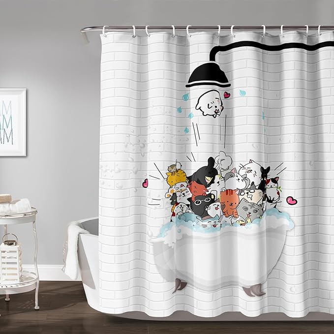 AILONEN Cute Cats Shower Curtain for Kids 60" W*72" H Inch,Kawaii Hilarious Funny Cat Pet Playing Water Shower Curtain,12 Pack Hooks Polyester Waterproof Fabric Decor for Bathroom Bathtub Panels