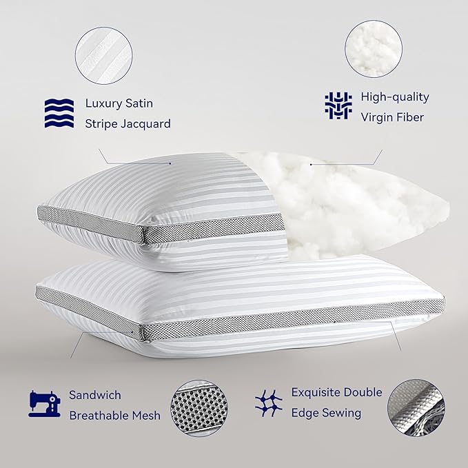 SLEEP ZONE Bed Pillows for Sleeping, Standard Size Set of 2, Sandwich Mesh with Breathable Sides, Premium Medium Pillows for Back, Stomach or Side Sleepers
