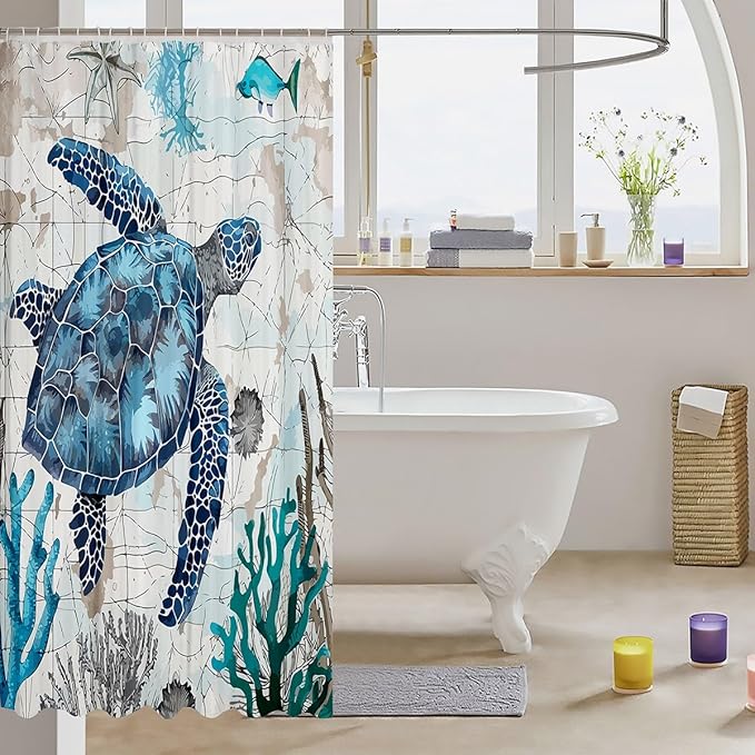 Feelyou Sea Turtle Shower Curtain Ocean Theme Fabric Shower Curtain for Kids Boys Girls Nautical Bathroom Waterproof Accessories with 12 Hooks Ocean Creature Curtains,72x78 Inches