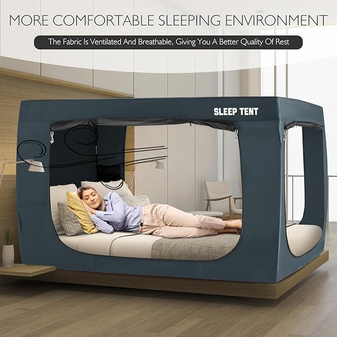 BORNA Bed Tent Full Bed Canopy for Indoor Portable Light Reducing Sleeping Canopy for Kids and Adult,Bunk Blackout Tents Breathable Privacy Space Tent Mosquito Netting for Bed(Navy Blue)