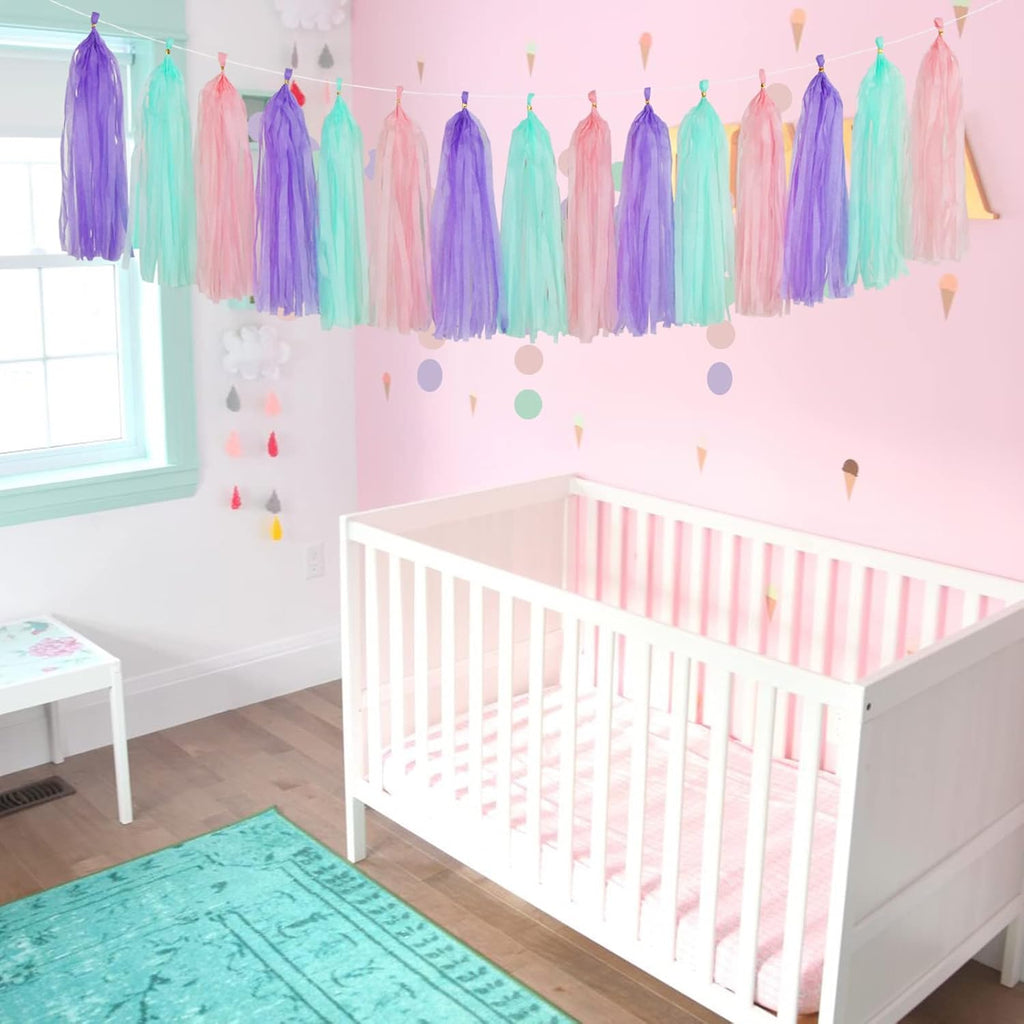 Pink-Purple Mint Mermaid Ocean-Themed Party-Decorations - 15pcs Tassel Garland Streamers Wedding Birthday Engagement Baby Bridal Shower Tassels Banner Decor Panduola