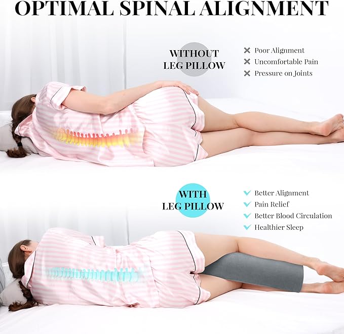 Knee Pillow for Side Sleepers Memory Foam Leg Pillows for Sleeping Yoga Bed Half Moon Bolster Pillow for Neck Pain Relief with 2 Pillowcases 20.5 x 8 x 4.5 Inches(Grey+Green, Standard Size)