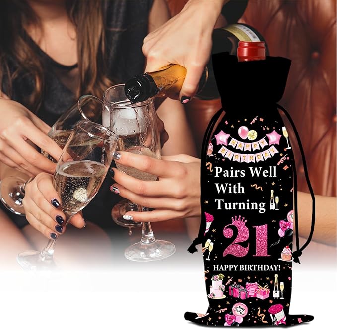 21st Birthday Gifts for Her Him Wine Bag, 21 Year Old Birthday Gifts for Her, Happy 21st Birthday Party Decorations for Her Him, Pairs Well with Turning 21 Wine Bags (Black Pink)