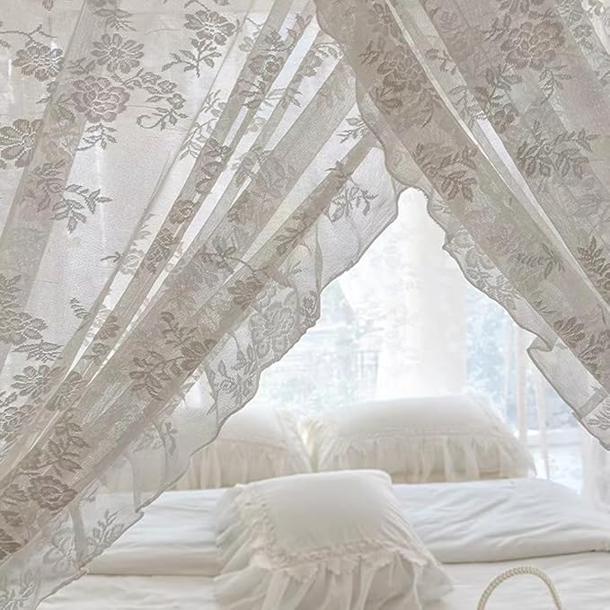 Elegant Lace Princess 4 Corner Post Mosquito Net Romantic for Girls Women Bed Curtain Canopy for Adult Wedding Bedroom Kids Rooms Decoration (Type3-Beige-White, Full)