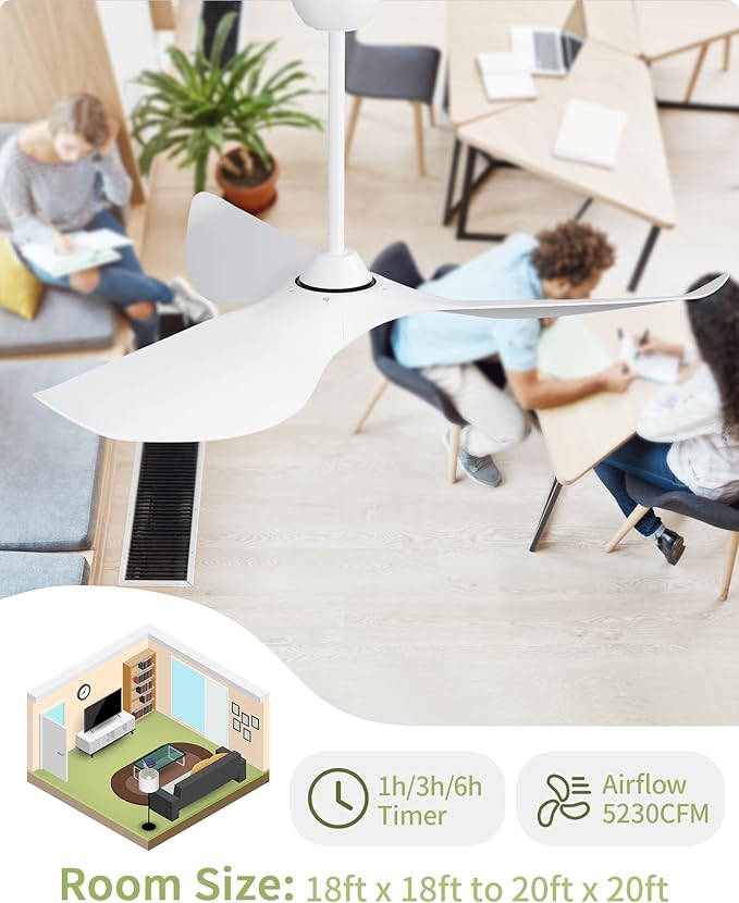 CACI Mall Ceiling Fans without Lights - 52-Inch Flush Mount Ceiling Fan with 6 Speeds, 3 Timer Remote, Quiet Reversible DC Motor, and 5"/10"/25" Replacement Downrods (White ABS Blades)