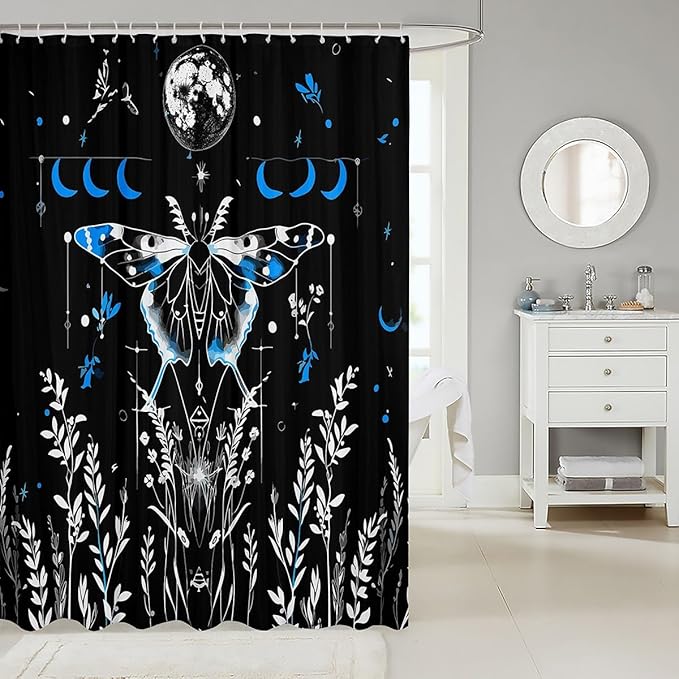 Feelyou Goth Moth Fabric Shower Curtain Bohemian Moth Floral Shower Curtain Kids Boys Girls Moon Bathroom Waterproof Accessories with 12 Hooks Boho Exotic Style Black Blue Decor Curtains,72x84 Inches