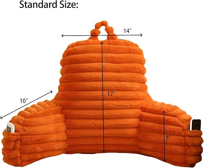 WERDIM Reading Pillow for Sitting in Bed, Faux Fur Back Pillow for Bed Rest, Bed Chair Pillow with Arms and Pockets(Standard, Orange)