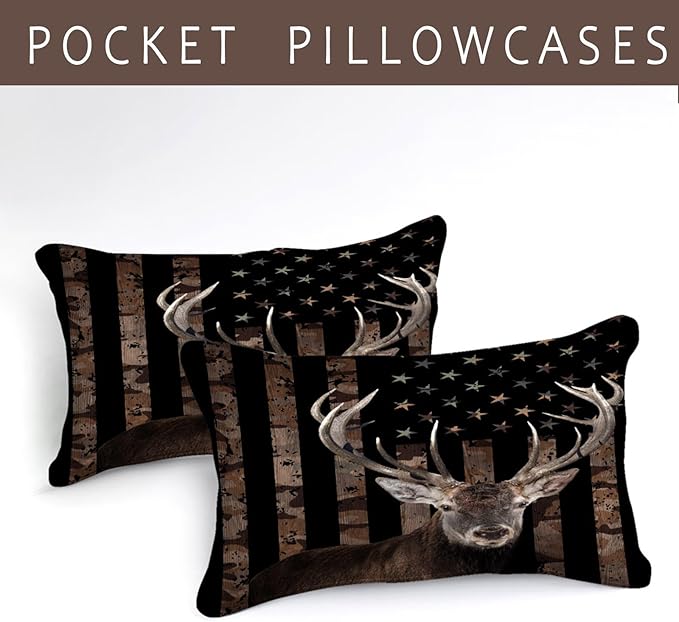 Bedbay American Flag Bed Comforter Queen Hunting Deer Bedding Boys Girls Bedroom Decor Camo Bedding Down Alternative Comforter Camouflage Quilt Set 4 Pcs Lightweight Comforter Queen(Deer,Queen)