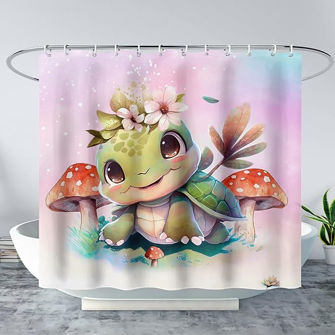 AILONEN Kawaii Sea Turtle Shower Curtain,Tie Die Ocean Animal Themed Bath Curtain Cloth Fabric Bathroom 72" W*96" H Inch,12 Pack Hooks for Kids,Sea Animal with Mushroom Bathroom Curtain