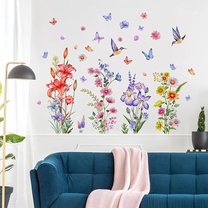 2PCS Colorful Flower Butterfly Wall Stickers, Removable DIY Cartoon Flower Blossom Wall Murals Stick 3D Wall Art Stickers Home Decor for Girls and Boy Bedroom Living Room