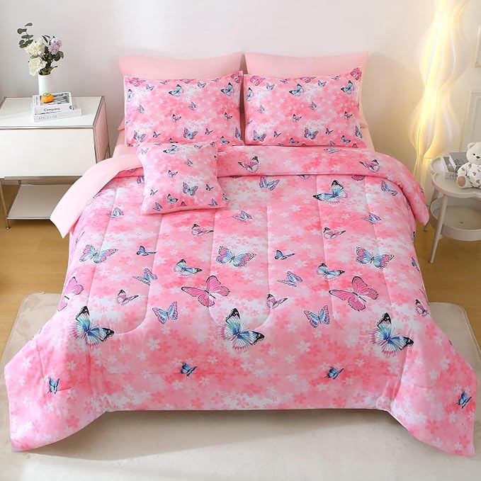 JQinHome 6 Piece Butterfly Comforter Set Twin, 3D Pink Flower Printed Butterfly Bedding Set,All Season Microfiber Butterfly Theme Home Decor Bedding for Girls with Sheet Sets(Pink)