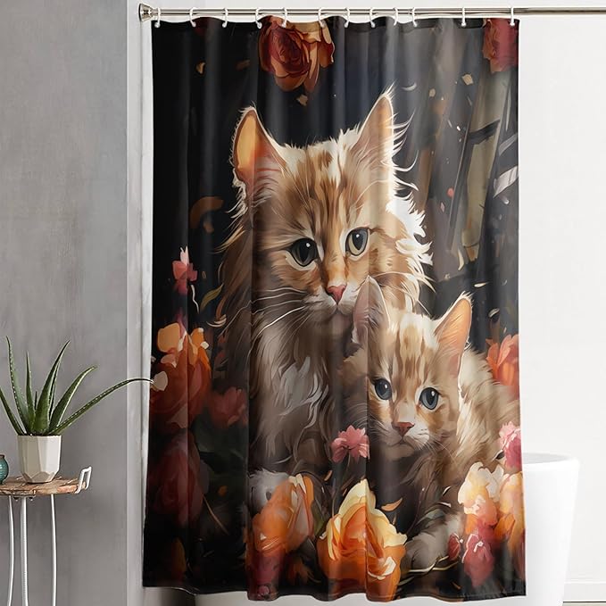 AILONEN 3D Kawaii Cat Shower Curtain,Lovely Kitten Mom and Son Polyester Cloth Bath Curtain Set for Girls Boys,Cute Animal with Flowers Waterproof Shower Curtains for Bathroom, 72" W*78" H