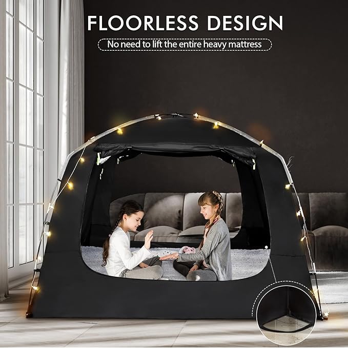Bed Tent Bed Canopy Portable Twin Size Dream Tents 4 Doors 4 Mesh 80% Blackout - Indoor Breathable Sleeping Tents Privacy Space Tents for Adult with String Light