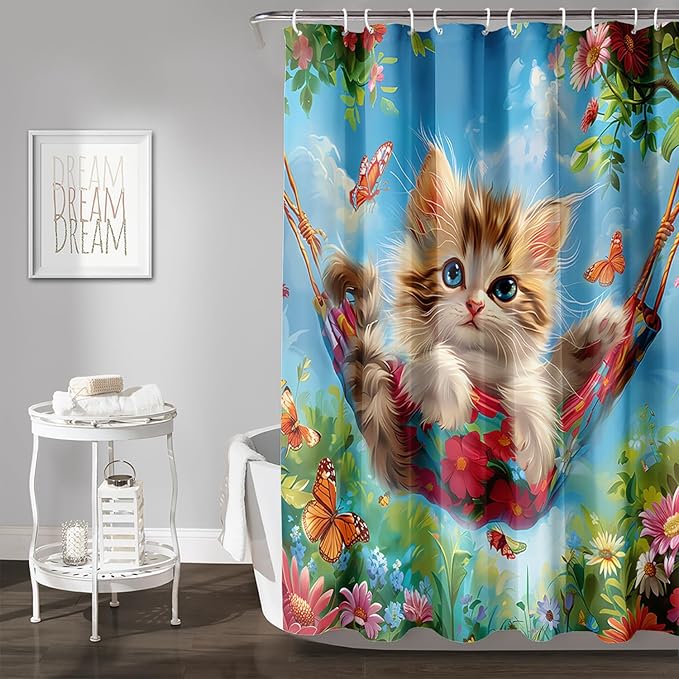 AILONEN Kawaii Cat Shower Curtain Set, Swing Cat with Butterfly Waterproof Fabric Shower Curtain for Kids Boys Girls,Cartoon Pet Cats Cloth Bath Curtain,72" W*96" H
