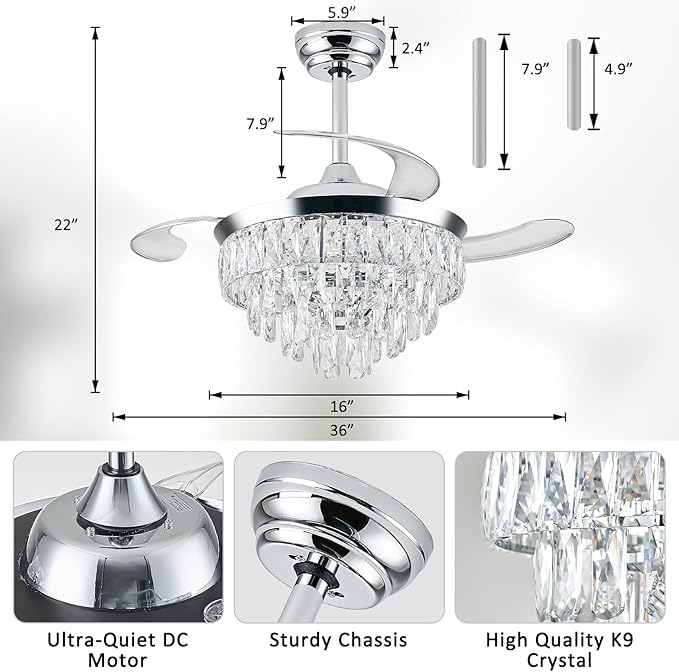 LEONTYNE 36" Modern Crystal Ceiling Fan with Lights and Remote Invisible Retractable LED Dimmable Chandelier Fan 3 Blades 6 Speeds Fandelier for Bedroom Living Room Dining Room (Polished Chrome)