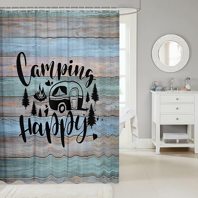 Feelyou Camper Bathroom Shower Curtain Set Happy Camping Bath Curtain Camping Shower Curtain Cartoon Camping Kids Bathroom Accessories 72"x72"