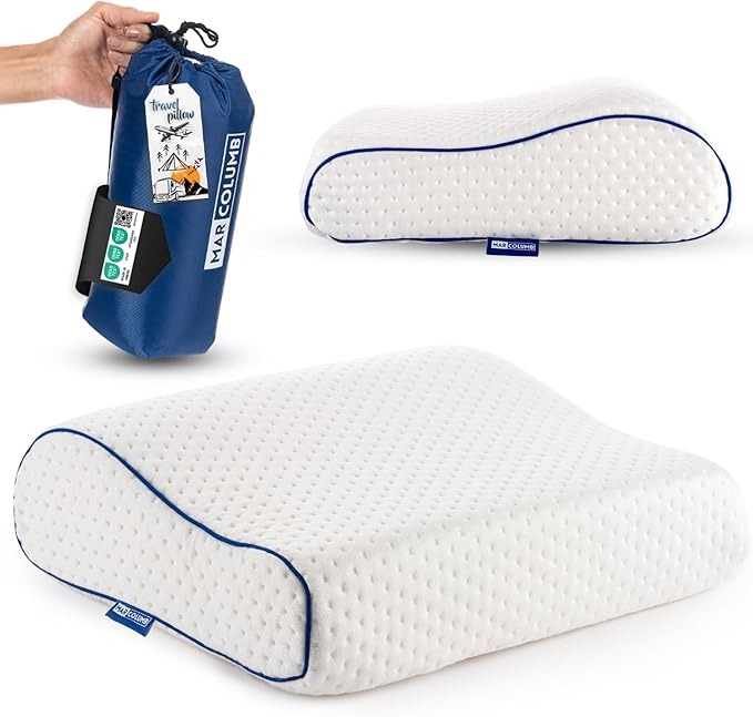 Travel & Camping Comfortable Memory Foam Pillow – Easy to Carry Portable Bag – Temperature Regulating Pillow Case - Perfect for Travelling (White Contour)
