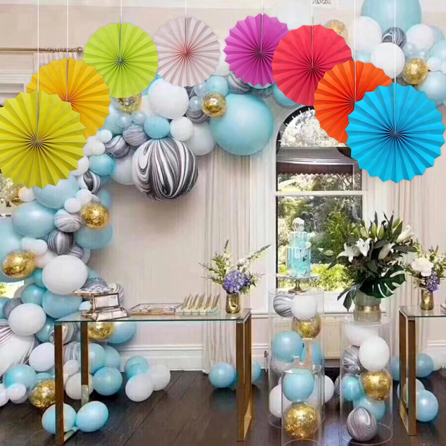 Green Graduation Party Decor,Tropical Party Decorations,Emerald Green Party Decorations,Hawaiian Themed Party Decorations,12in Hanging Paper Fans 30 Color DIY Set (Clear Green)