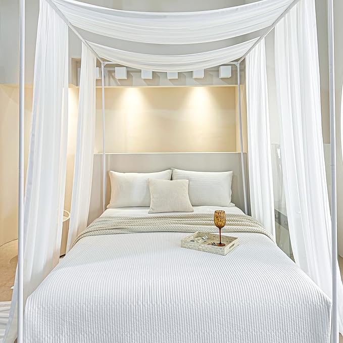 AIKASY White Bed Canopy Scarf for King - Luxury Sheer Canopy Bed Curtains with Light - Suitable for Four-Poster Bed, Metal Bed Frame, Wood Bed Frame -2pic