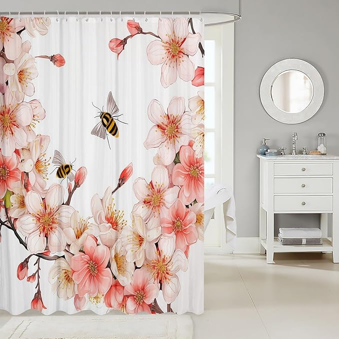 Feelyou Peach Blossom Shower Curtain Boys Girls Flower Floral Fabric Shower Curtain for Kids Honey Bathroom Waterproof Accessories with 12 Hooks Pink Curtains,72x78 Inches