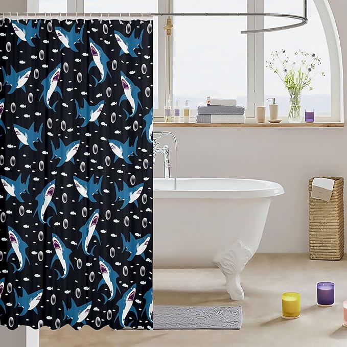 Feelyou Shark Bath Curtain Cute Shark Bathroom Shower Curtain Set for Kids Toddler Boys Girls Cartoon Shark Shower Curtain Shark Ocean Kids Bathroom Accessories 72"x84"