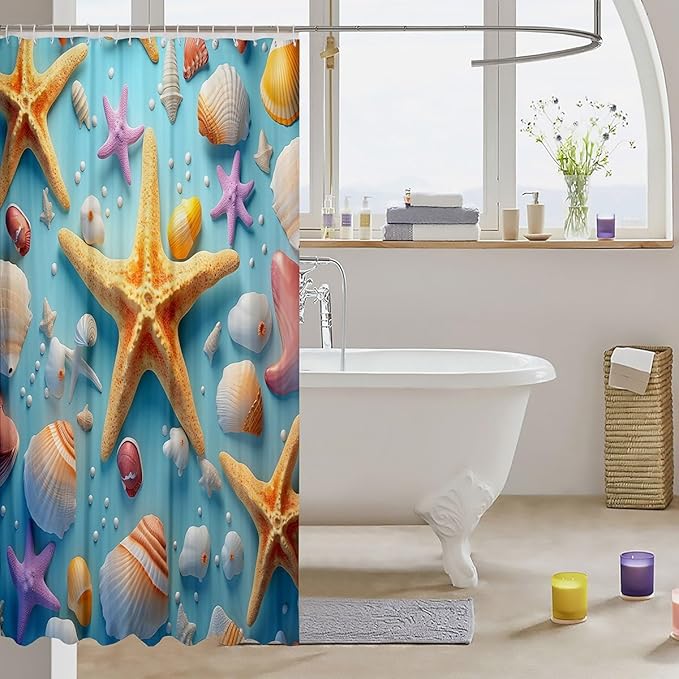 Feelyou Starfish Fabric Shower Curtain Seashell Shower Curtain for Teens Blue Ocean Bathroom Waterproof Accessories with 12 Hooks Summer Curtains,72x78 Inches