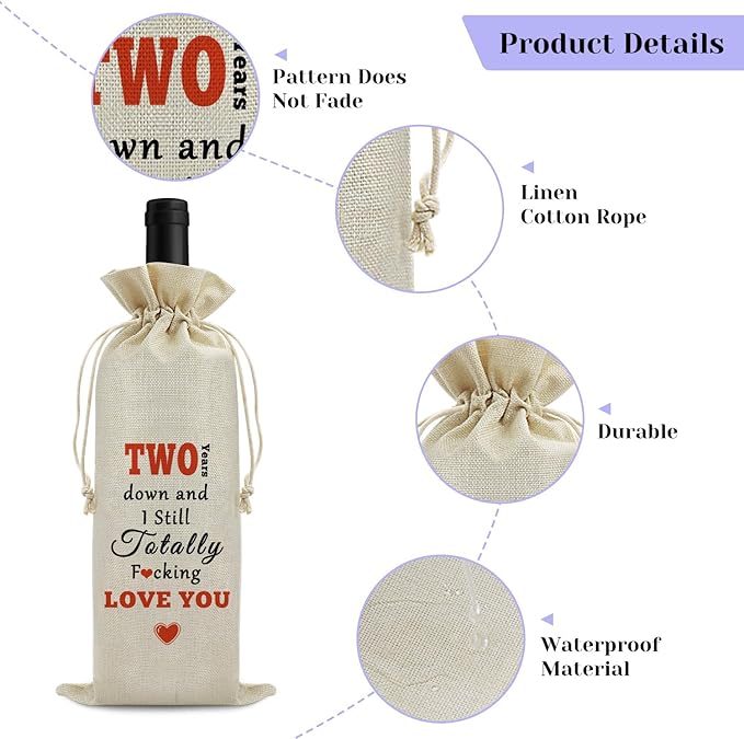 2nd Anniversary Marriage Gift for Couple Wine Bag 2 Years Anniversary Wedding Gift for Wife Husband Wine Gift Bag Two Anniversary Valentine Birthday Christmas Gift Drawstring Wine Wrapping Bag