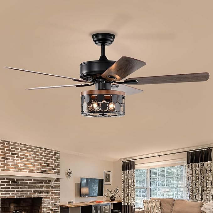 NicBex Ceiling Fan 52 Inch Ceiling Fan with Lights Vintage Ceiling Fans with 5 Blades and Remote Control Ceiling Fan with Round Lamp Shade for Bedroom, Living Room, Matte Black