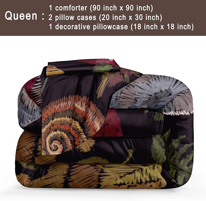 Bedbay Mushroom Comforter Set Queen Size 4 Pieces Retro Bedding Queen Bed Set Tropical Leaves Plant Mushroom Comforter Queen Set with 2 Pillowcases 1 Cushion Cover(Mushroom,Queen)