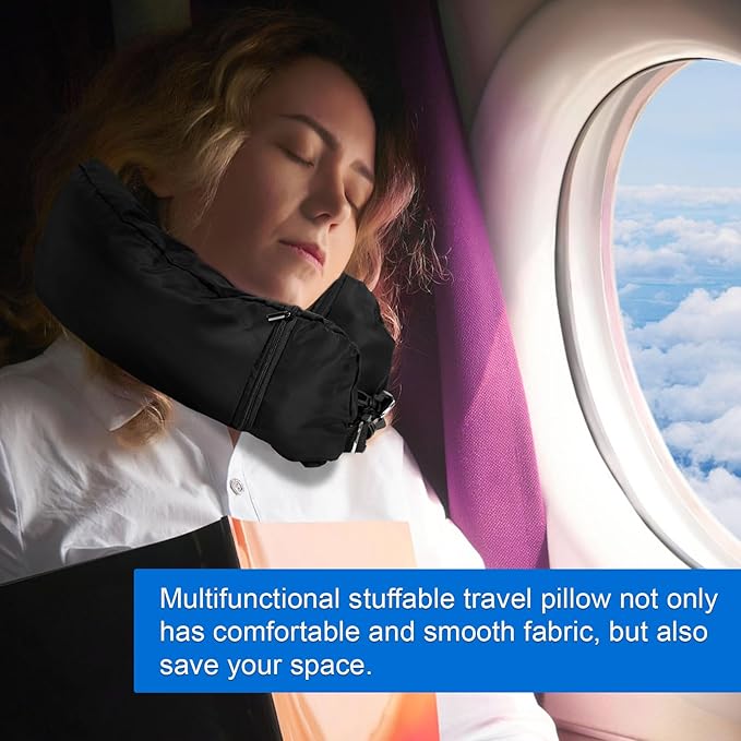 2pcs Stuffable Travel Pillows with 2pcs Adjustable Long Straps, Transformable Neck Pillow Case Cover Adults for Going Out by Car or Plane, No Pillow Filler (Black)