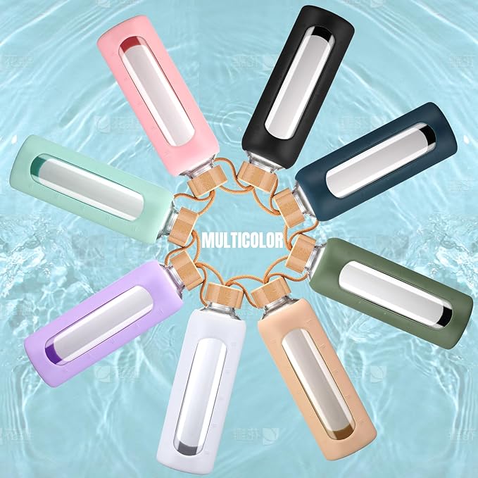 24oz Glass Water Bottle With 2 Lids-Flip Straw Lid, Bamboo Lid, Glass Water Bottle With Silicone Sleeve, Motivational Time Marker, Glass Juice Bottle for Cold Drink,Navy Blue