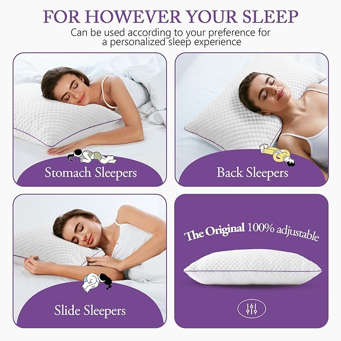 BPC Cooling Pillows Queen Size Set of 2 - Adjustable Shredded Memory Foam Pillow with Removable Cover Medium Firm Pillow for Side Stomach and Back Sleepers, CertiPUR-US