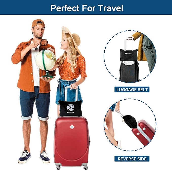 Bnuitland Travel Blanket and Pillow 2 in 1, Soft Flannel Airplane Blanket in Bag Compact-Long Flight Essential for Adults and Kids, Portable Luggage Sleeve and Backpack Clip, 65×40 inch Black